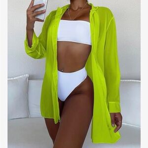 Women's Summer Beach Long Sleeve Button Up Swimsuit Cover Up Lime Green X-Small